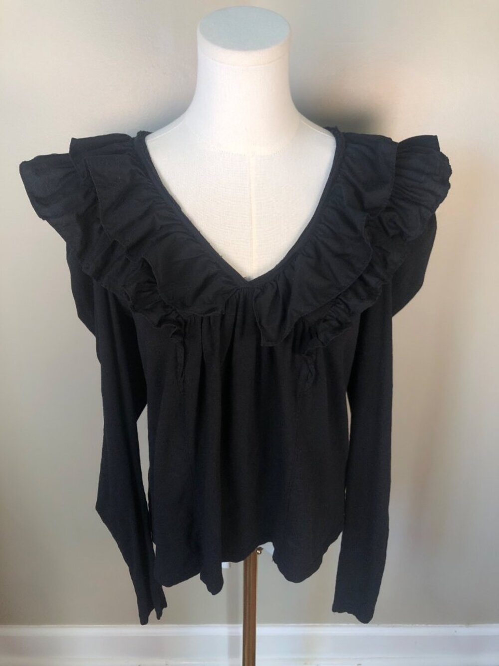 Anthropologie Black Long Sleeve Ruffle V-Neck Top Sz S 100% Cotton Romantic Goth